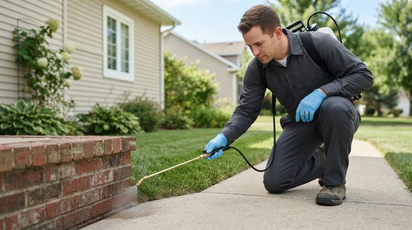 Pest control technician treating a home near Novice, TX