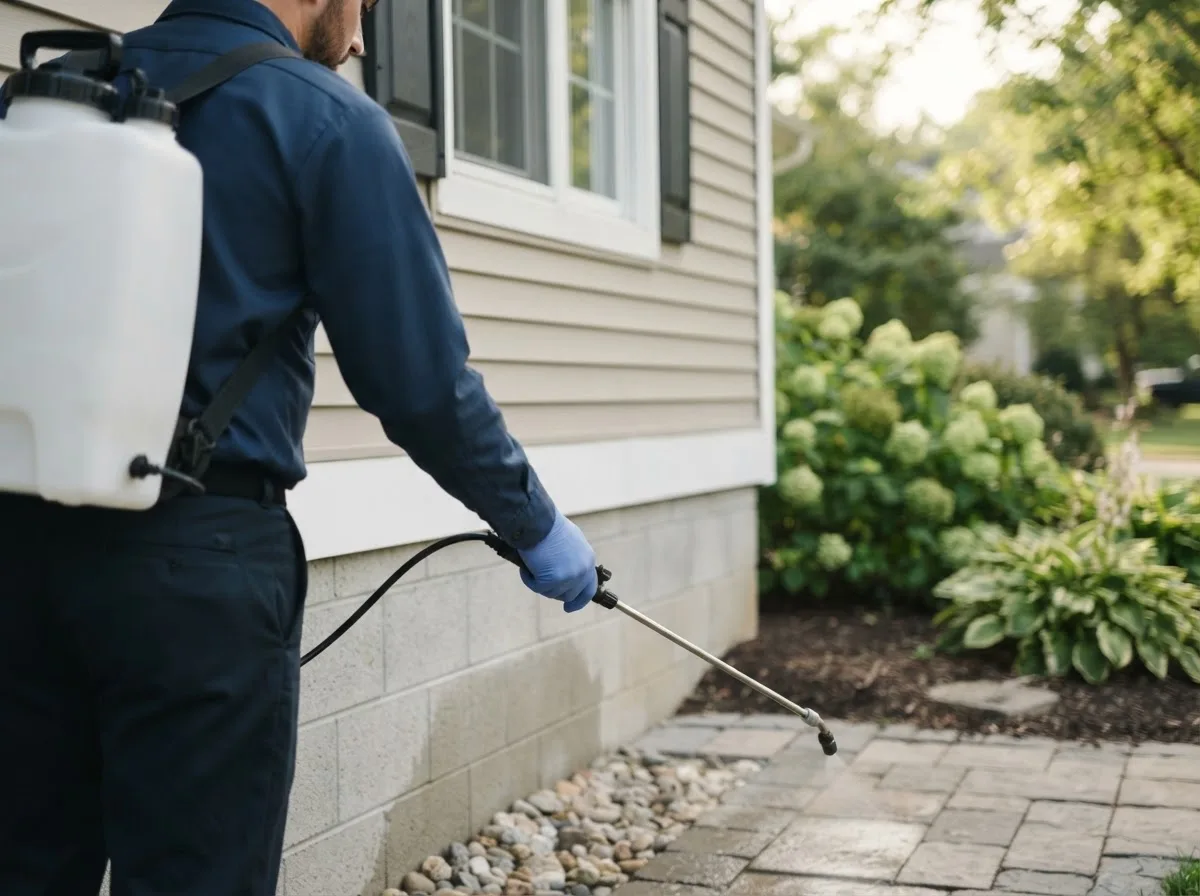 Pest control technician inspecting a home in Novice, TX